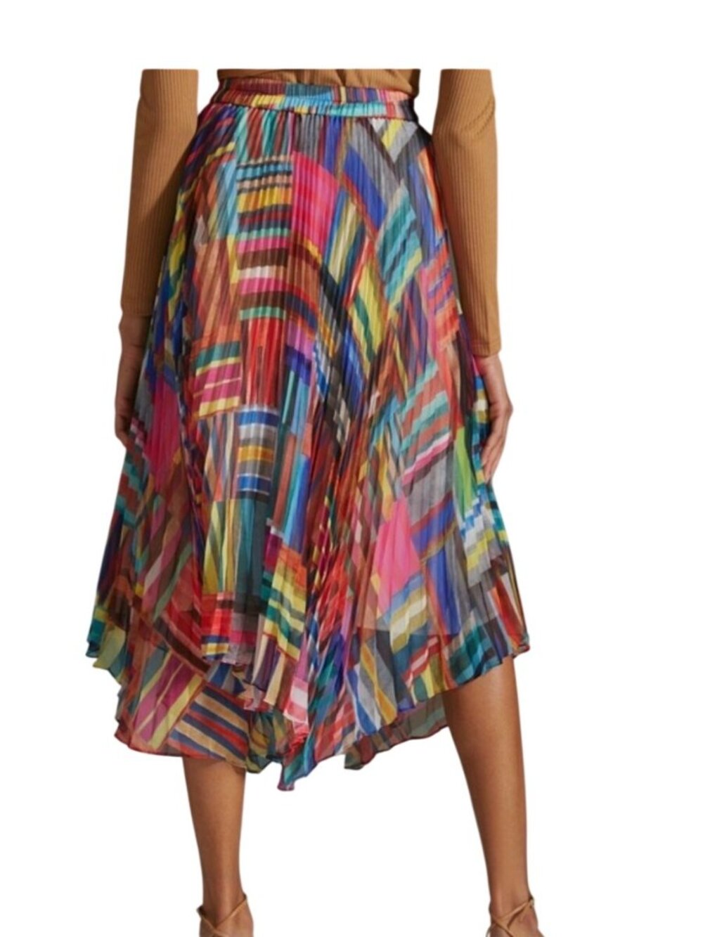 NEW Anthropologie Ranna Gill Pleated Midi Skirt Asymmetrical Hem Rainbow Small - Picture 2 of 16
